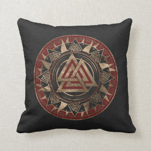 Valknut Symbool Zwart en rood leder en goud Kussen