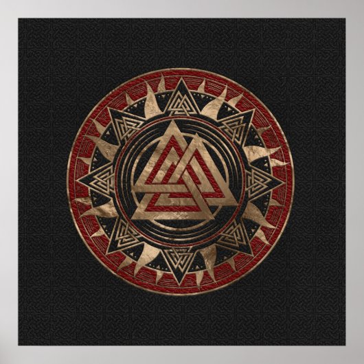 Valknut Symbool Zwart en rood leder en goud Poster (Voorkant)