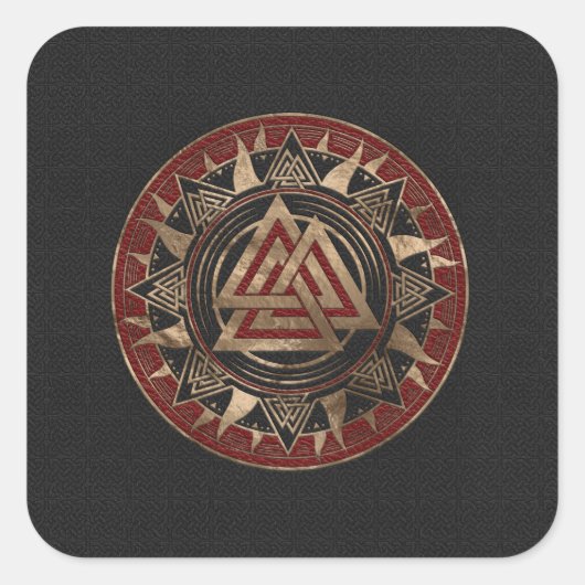 Valknut Symbool Zwart en rood leder en goud Vierkante Sticker (Voorkant)