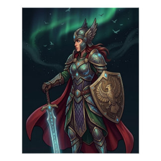 Valkyrie Warrior Goddess In Green Armor Perfect Poster