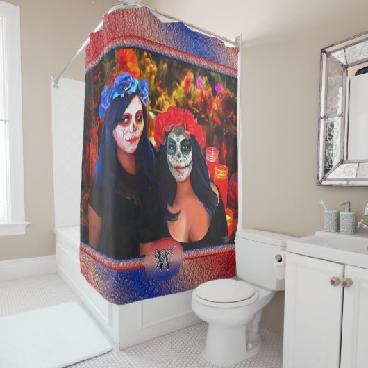 Vallarta Catrinas met bloemen en kaarsen 1718 Douchegordijn (In situ)