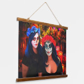 Vallarta Catrinas met bloemen en kaarsen 1718 Hangend Wandkleed (Gebogen)