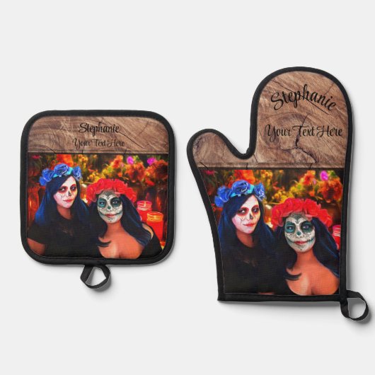 Vallarta Catrinas met bloemen en kaarsen 1718 Ovenwant & Pannenlap Set (Voorkant)