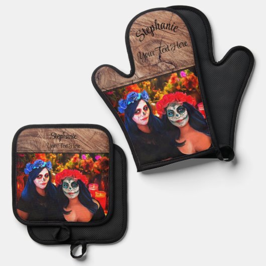Vallarta Catrinas met bloemen en kaarsen 1718 Ovenwant & Pannenlap Set (Voorkant / Achterkant)