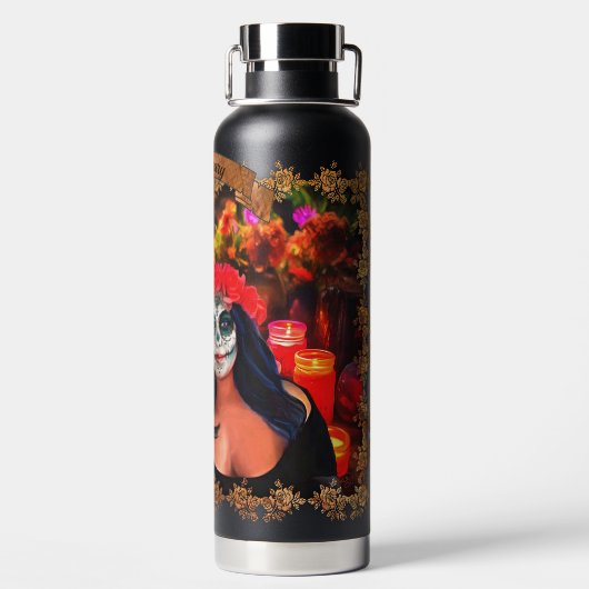 Vallarta Catrinas met bloemen en kaarsen 1718 Waterfles (Achterkant)