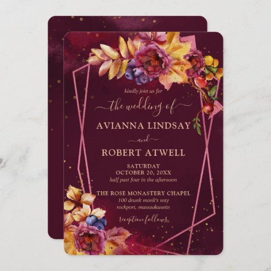 Valle bladbloemen en Berries Bourgogne bruiloft Kaart (Voorkant / Achterkant)