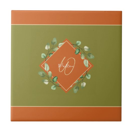 Valle bladeren Oranje + groene monogrammen Decorat Tegeltje (Voorkant)