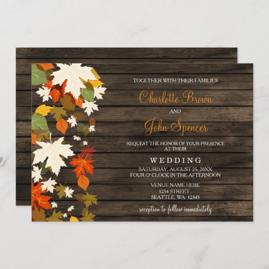 Valle bladeren Rustic Barn Wood Fall Wedding Invit Kaart (Voorkant / Achterkant)