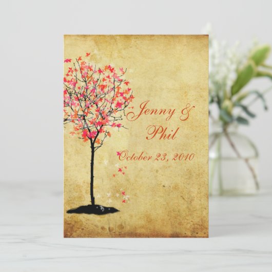 Valle trouwuitnodigingen/rode paarse bladeren kaart (Staand voorkant)