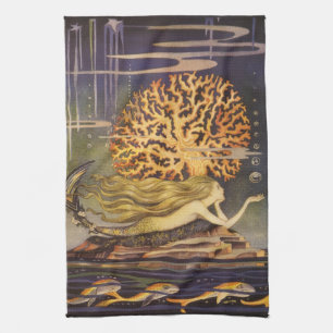  vallei, kleine zeemeermin in oceaankoraal theedoek