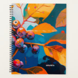 Vallen bladeren en bessen. Abstracte herfstbloemen Planner<br><div class="desc">Herfstbladeren en rowan berry planner. Abstracte moderne herfstbloemen natuur olieverfbeschilderde kunst in felblauw geel sinaasappel kleuren.</div>