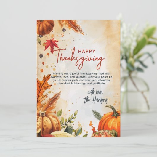 Vallen bladeren en pompoenen Beige Thanksgiving Cu Feestdagenkaart (Staand voorkant)