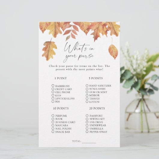 Vallen bladeren - Wat zit er in je tas spel (Staand voorkant)