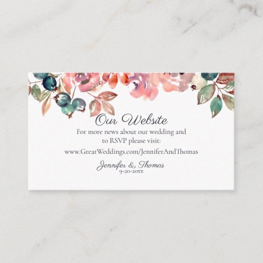 Vallen in Liefde Waterverf Bloemen Bruiloft Websit Informatiekaartje (Voorkant)