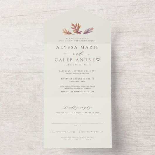 Vallen laat eenvoudige elegante herfstbruiloft ove all in one uitnodiging (Binnen)