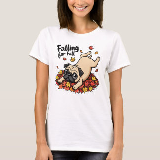 Vallen voor Herfst - Speelse Pug in Bladeren T-shirt