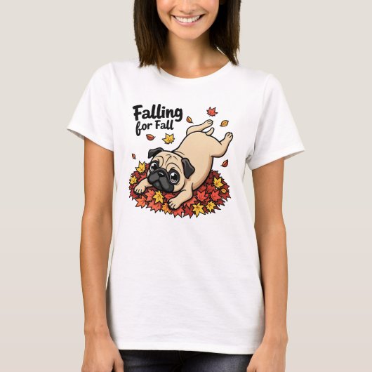 Vallen voor Herfst - Speelse Pug in Bladeren T-shirt (Voorkant)