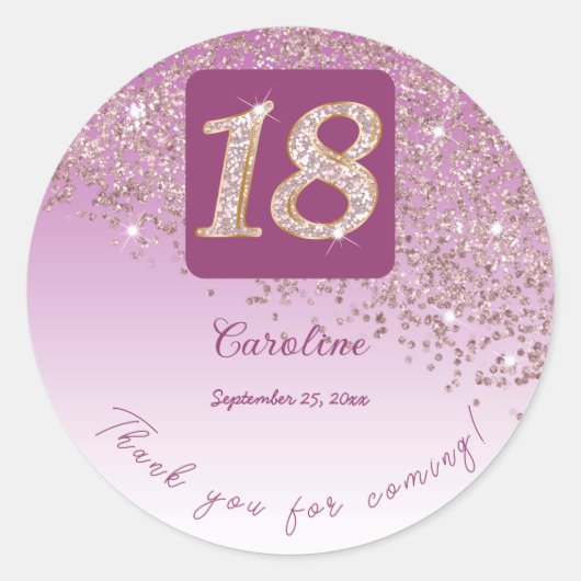 Vallend Roos Gouden Glitter, 18e Verjaardag Bedank Ronde Sticker (Voorkant)