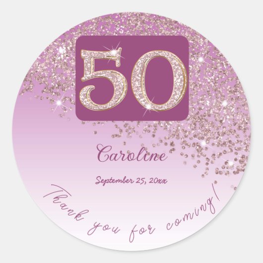 Vallend Roos Gouden Glitter, 50ste Verjaardag Beda Ronde Sticker (Voorkant)