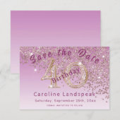 Vallend Roos Gouden Glitter voor 40e Verjaardag Save The Date (Voorkant / Achterkant)