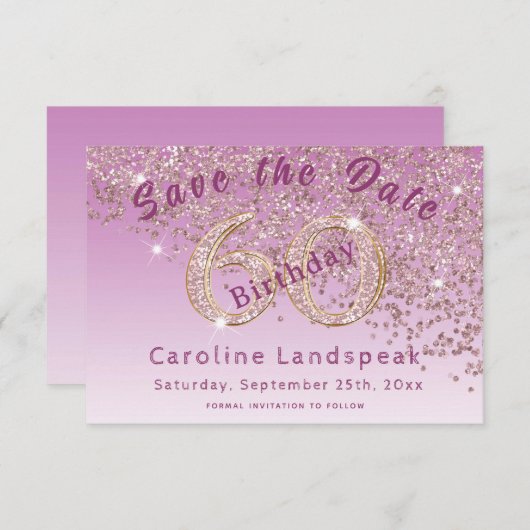 Vallend Roos Gouden Glitter voor 60e Verjaardag Save The Date (Voorkant / Achterkant)