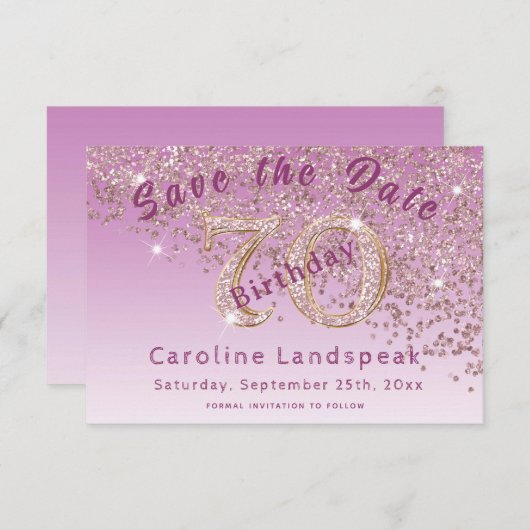 Vallend Roos Gouden Glitter voor 70e Verjaardag Save The Date (Voorkant / Achterkant)