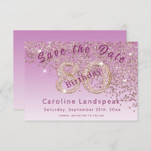 Vallend Roos Gouden Glitter voor 80e Verjaardag Save The Date (Voorkant / Achterkant)