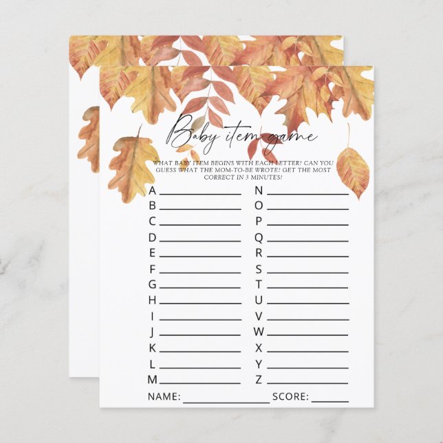 Vallende bladeren - Baby Item Game. Baby shower sp (Voorkant / Achterkant)