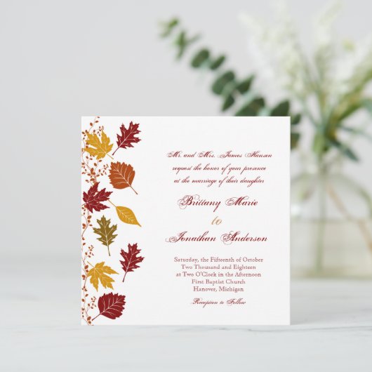 Vallende bladeren herfst herfst bruiloft uitnodigi kaart (Staand voorkant)