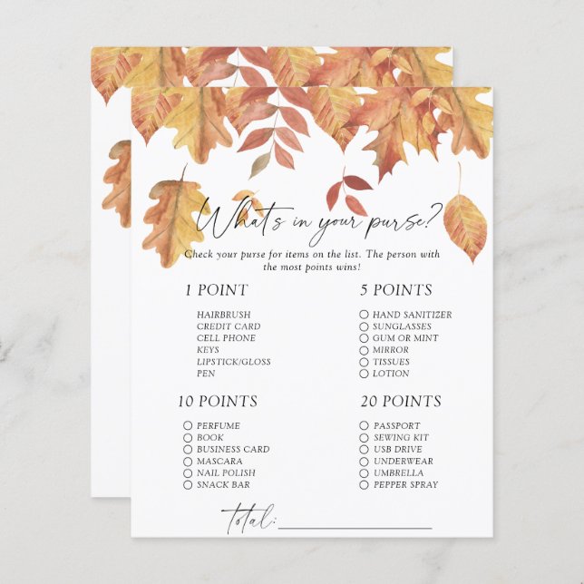 Vallende bladeren - Wat zit er in je tas spel (Voorkant / Achterkant)