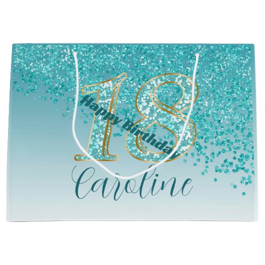  Vallende Blauwgroen Blauwe Glitter 18e Verjaardag Groot Cadeauzakje (Voorkant)