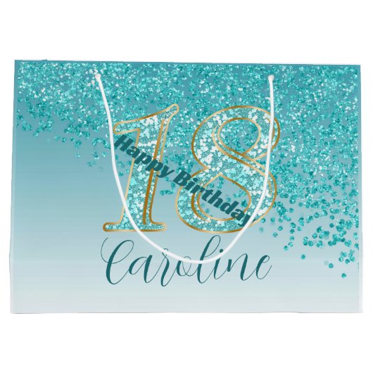  Vallende Blauwgroen Blauwe Glitter 18e Verjaardag Groot Cadeauzakje (Achterkant)