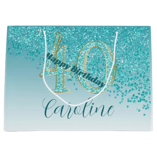  Vallende Blauwgroen Blauwe Glitter 40e Verjaardag Groot Cadeauzakje (Voorkant)