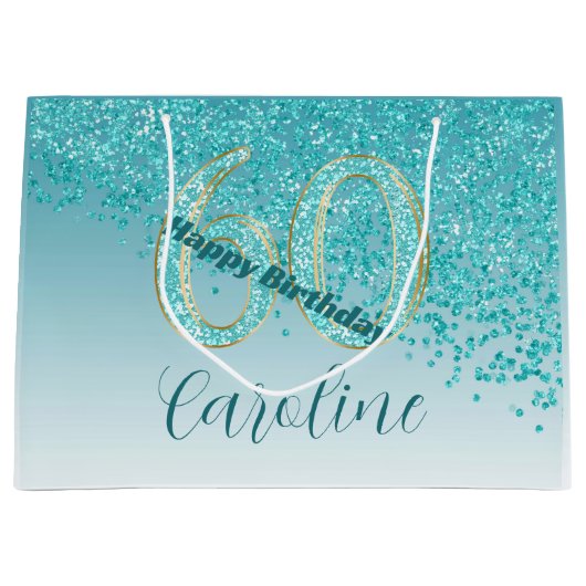  Vallende Blauwgroen Blauwe Glitter 60ste Verjaard Groot Cadeauzakje (Voorkant)