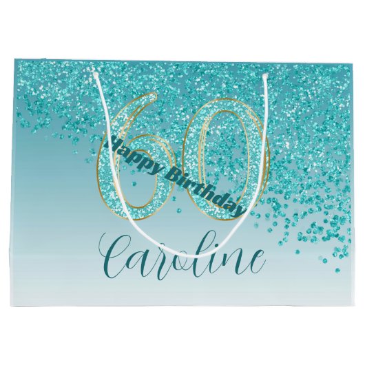  Vallende Blauwgroen Blauwe Glitter 60ste Verjaard Groot Cadeauzakje (Achterkant)