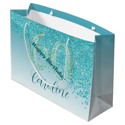  Vallende Blauwgroen Blauwe Glitter 60ste Verjaard Groot Cadeauzakje (Achterkant Gekanteld)