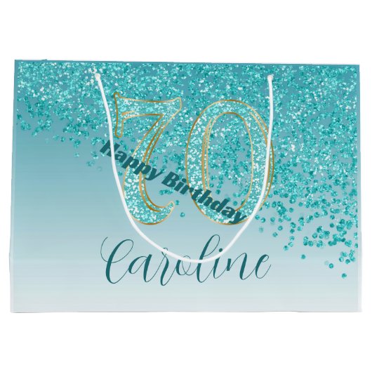  Vallende Blauwgroen Blauwe Glitter 70ste Verjaard Groot Cadeauzakje (Achterkant)