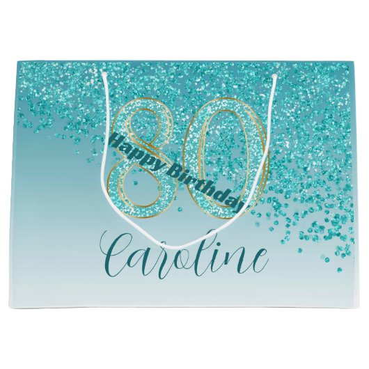  Vallende Blauwgroen Blauwe Glitter 80ste Verjaard Groot Cadeauzakje (Voorkant)