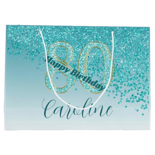 Vallende Blauwgroen Blauwe Glitter 80ste Verjaard Groot Cadeauzakje (Achterkant)