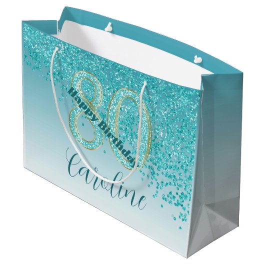  Vallende Blauwgroen Blauwe Glitter 80ste Verjaard Groot Cadeauzakje (Achterkant Gekanteld)