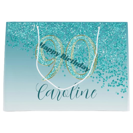  Vallende Blauwgroen Blauwe Glitter 90ste Verjaard Groot Cadeauzakje (Voorkant)