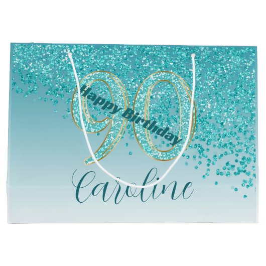 Vallende Blauwgroen Blauwe Glitter 90ste Verjaard Groot Cadeauzakje (Achterkant)
