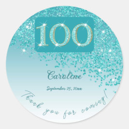 Vallende Blauwgroen Blue Glitter, 100ste verjaarda Ronde Sticker