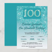 Vallende Blauwgroen Blue Glitter 100ste verjaardag Kaart (Voorkant / Achterkant)