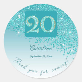 Vallende Blauwgroen Blue Glitter, 20ste verjaardag Ronde Sticker