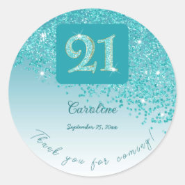 Vallende Blauwgroen Blue Glitter, 21ste verjaardag Ronde Sticker