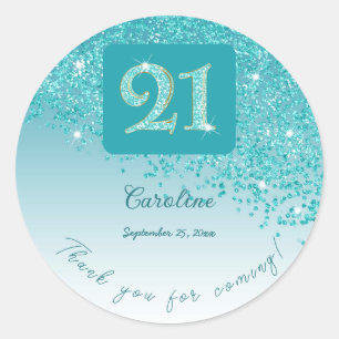 Vallende Blauwgroen Blue Glitter, 21ste verjaardag Ronde Sticker