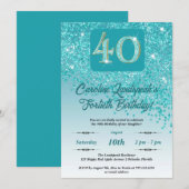 Vallende Blauwgroen Blue Glitter 40e verjaardagsfe Kaart (Voorkant / Achterkant)