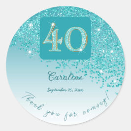 Vallende Blauwgroen Blue Glitter, 40ste verjaardag Ronde Sticker