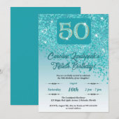 Vallende Blauwgroen Blue Glitter 50e verjaardagsfe Kaart (Voorkant / Achterkant)